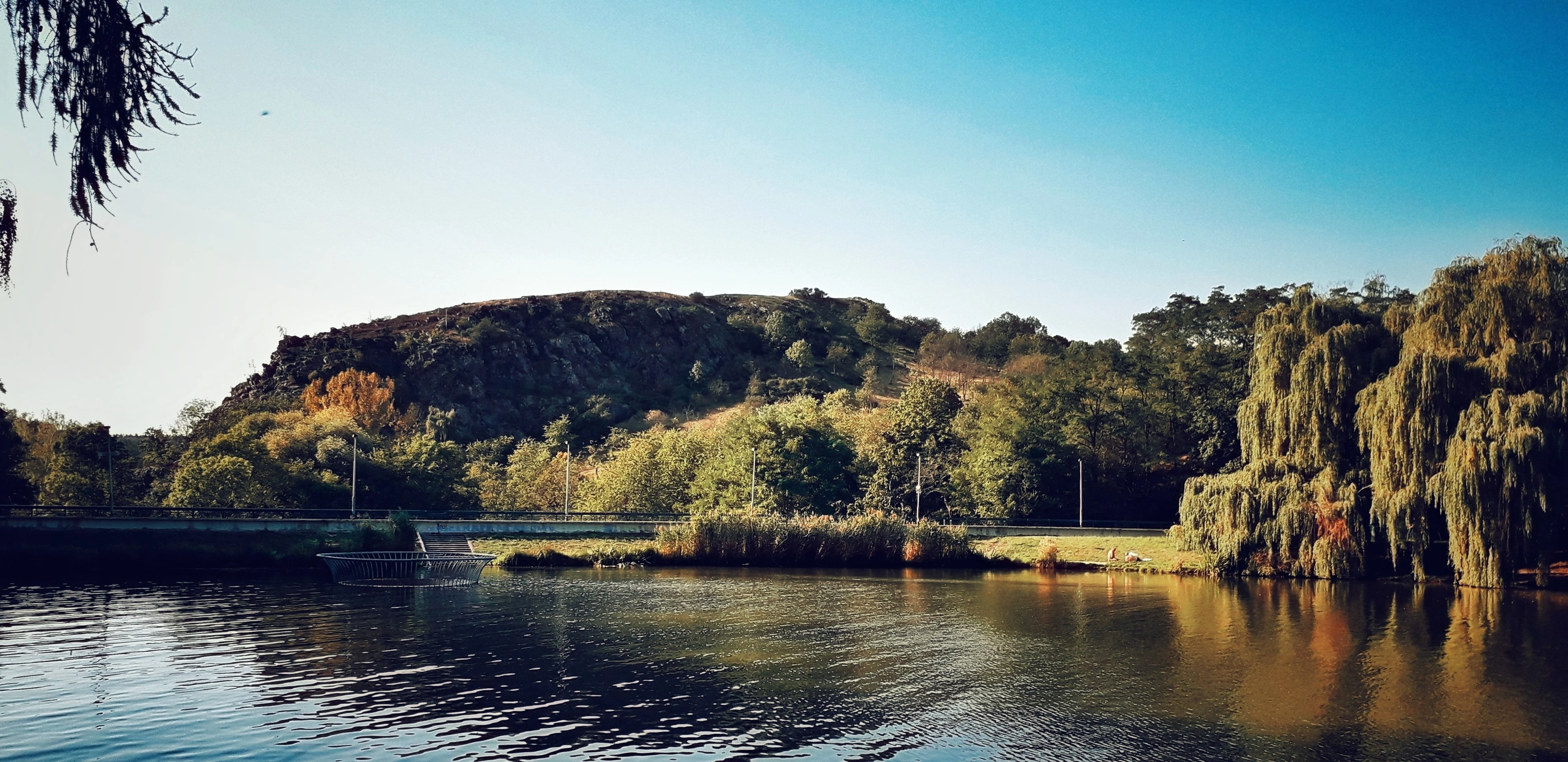 Vodní plocha, naproti svah s kamením a stromy, po pravé straně převislé vrby