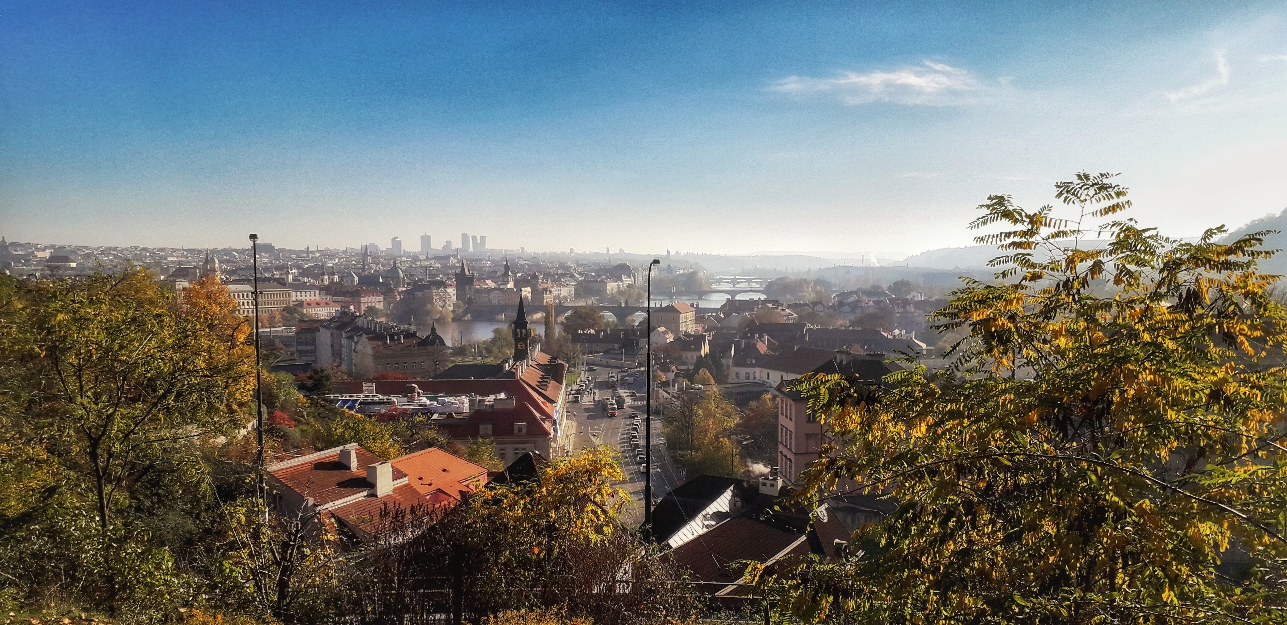 Panorama Prahy s věžemi a Vltavou; podzimní stromy v popředí